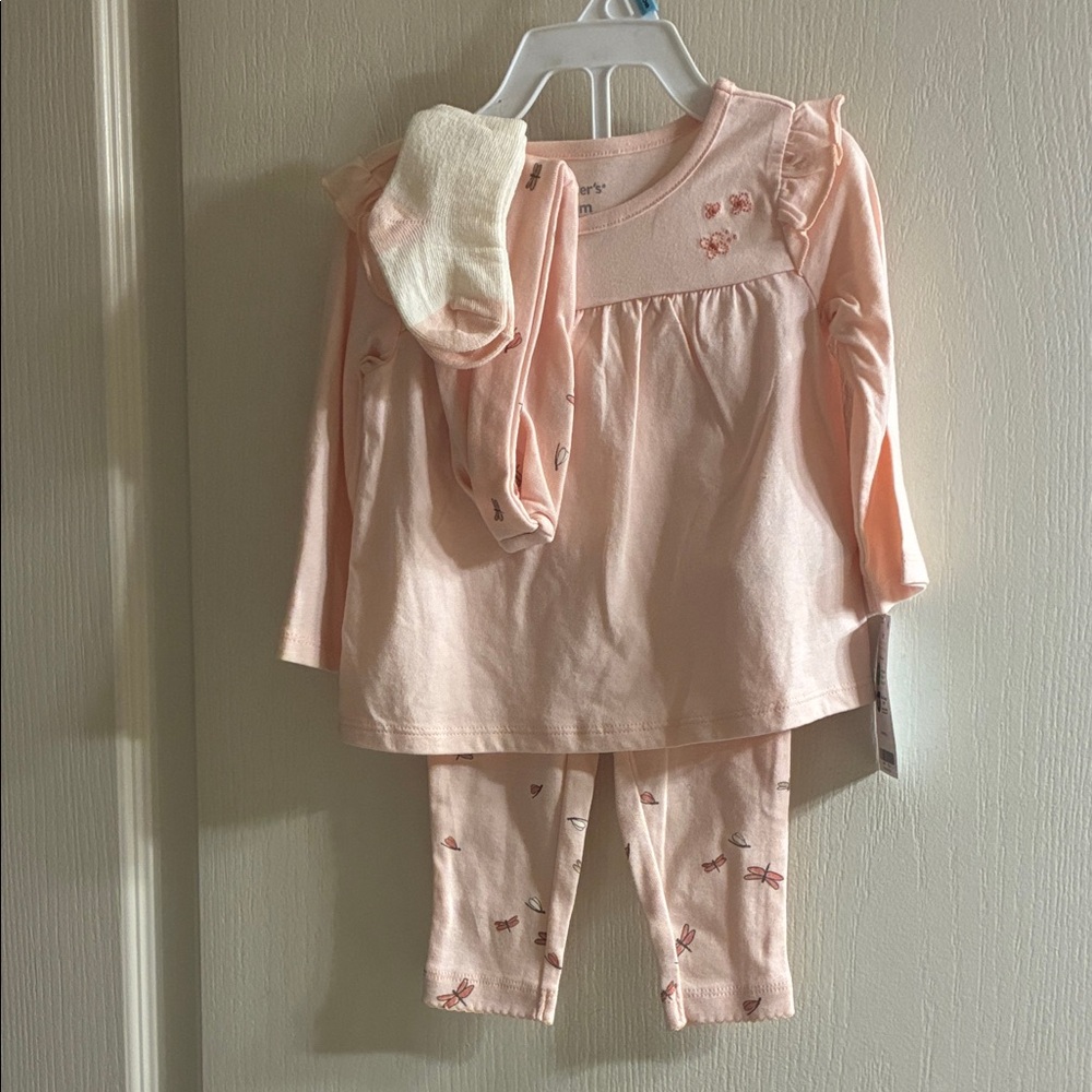 Carter's Peach  Set with dragonflies with matching socks and headband